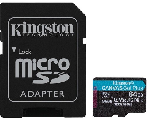 Флеш карта microSDXC 64Gb Kingston,microSDXC, UHS-II Class U3 V30 A2, чтение: 170Мб/с, запись: 70Мб/с, с адаптером