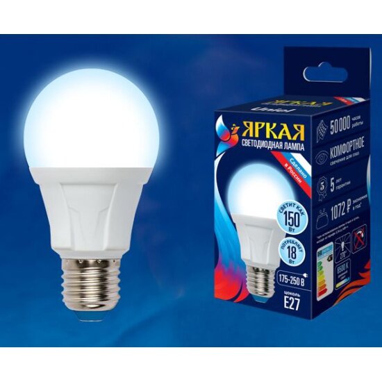Светодиодная лампа Uniel LED-A60 18W/6500K/E27/FR PLP01WH Форма «А», матовая. Серия Яркая. Дневной свет (6500K). Картон. ТМ .