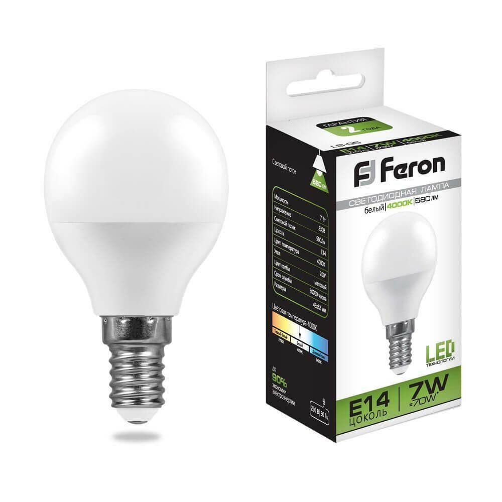 Feron (10 шт.) Лампа светодиодная Feron E14 7W 4000K Шар Матовая LB-95 25479