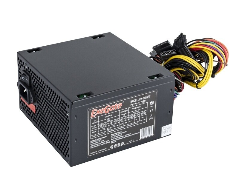 Блок питания 500W Exegate 500NPX, ATX, black,12cm fan, 24+4pin, 6/8pin PCI-E, 3*SATA, 2*IDE, 1*FDD