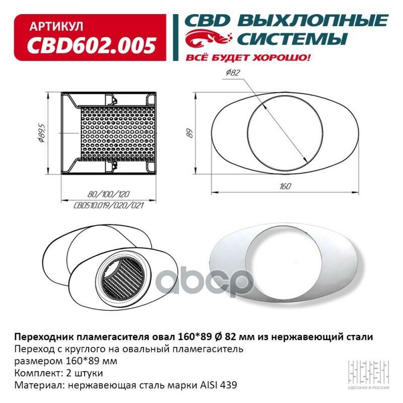 Переходник Пламегасителя Овал 160*89 D82 Мм Из Нержавеющий Стали. Cbd602.005 Комплект 2-Шт CBD арт. CBD602.005