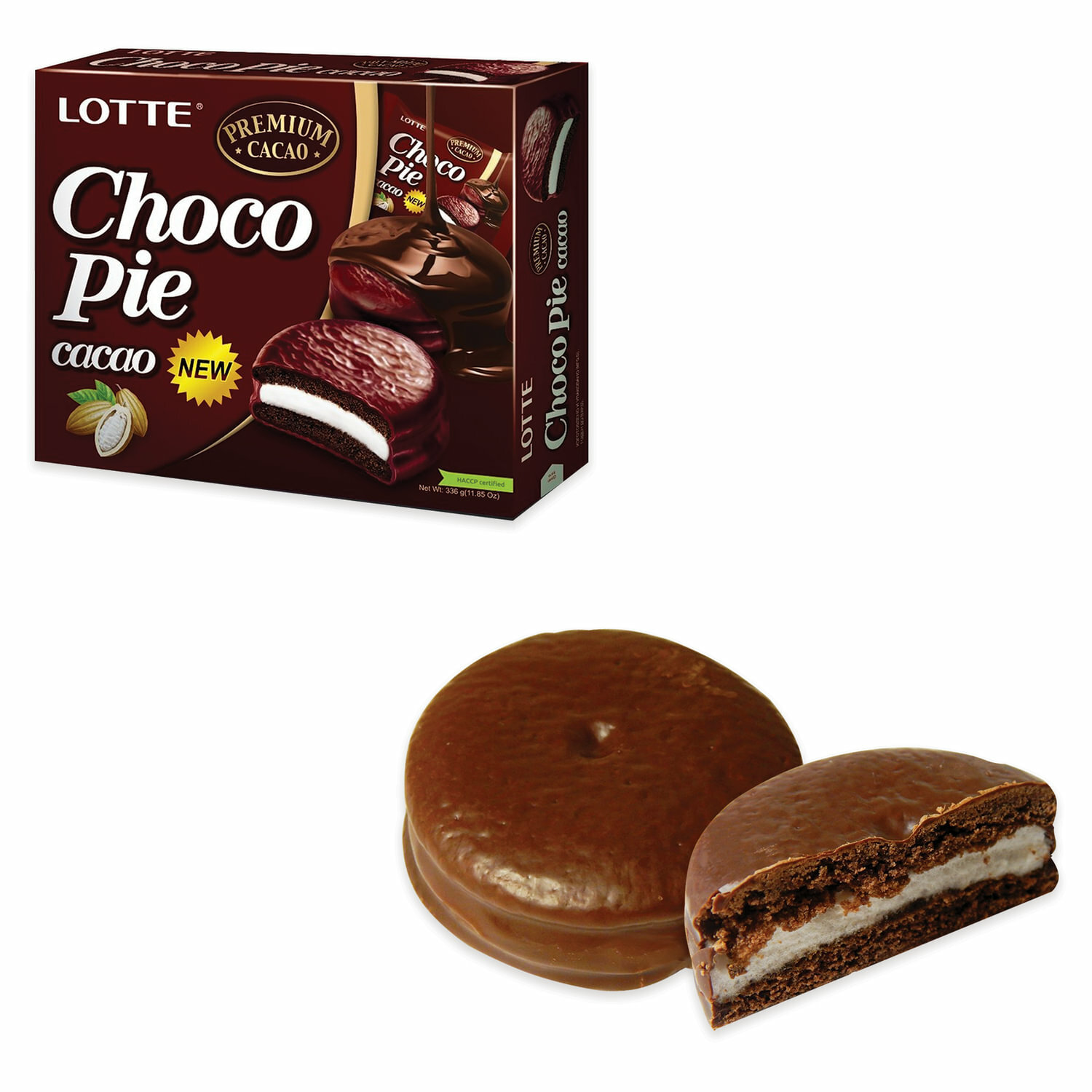 Печенье LOTTE "Choco Pie Cacao" ("Чоко Пай Какао"), глазированное, картонная упаковка, 336 г, 12 шт. х 28 г - фотография № 1