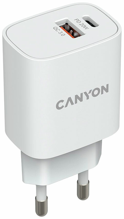 Сетевой адаптер для быстрой зарядки Canyon H-20W-04 Type-C 20W Power Delivery QC 30 18W белый