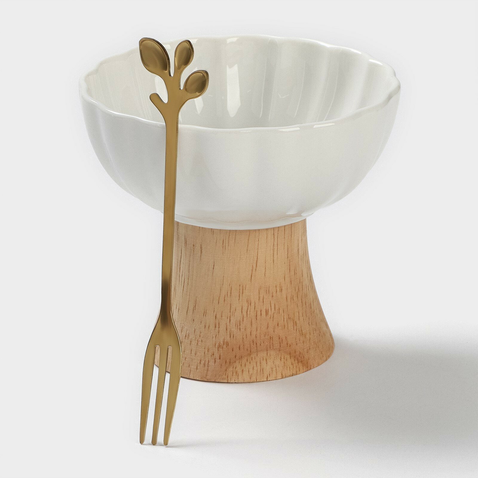 фото Креманка керамическая, 2 предмета: креманка d=10 см, вилка h=13 см, цвет белый