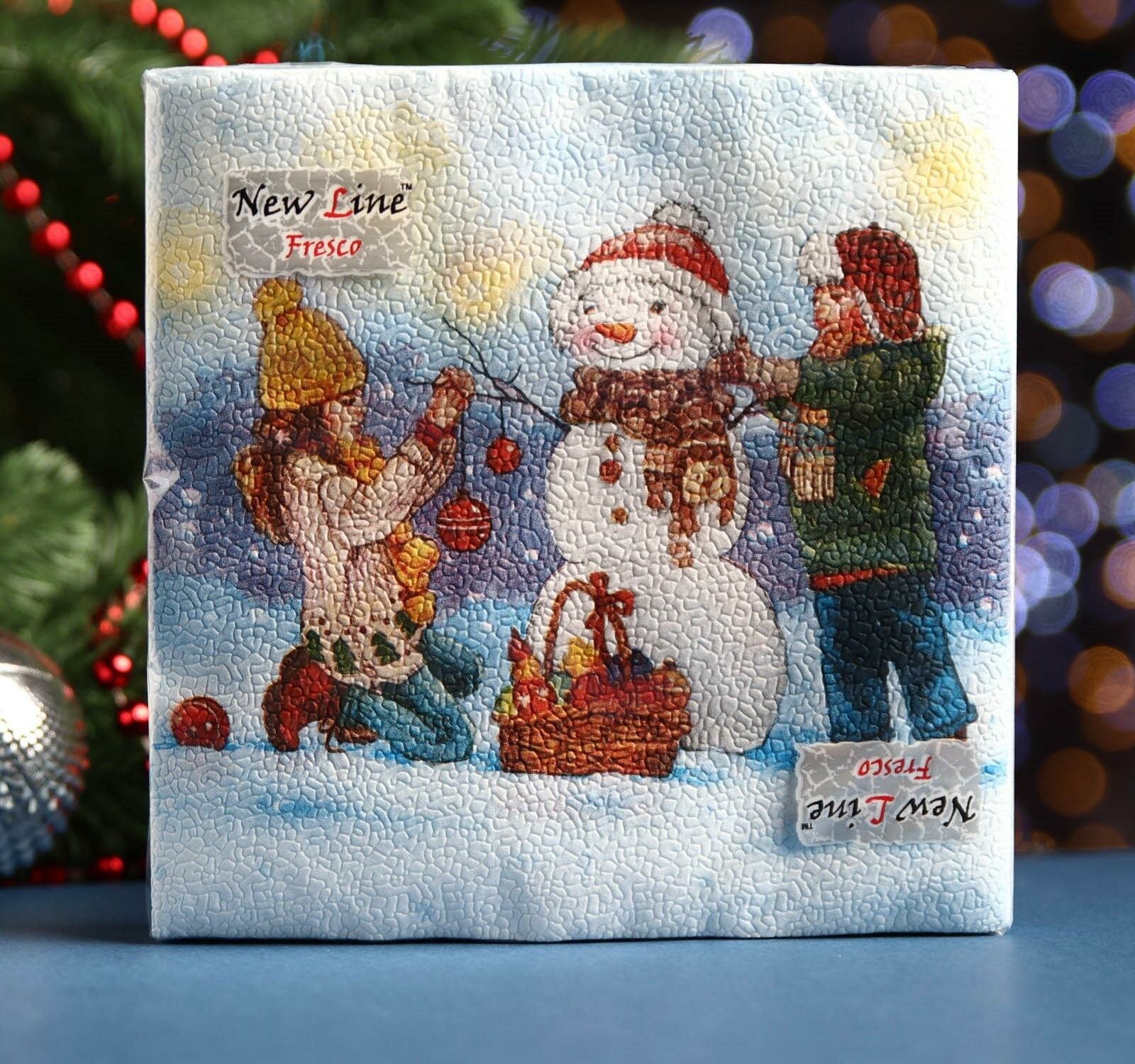 фото Салфетки бумажные New Line FRESCO Снеговик и дети 2 слоя 20 листов 33*33