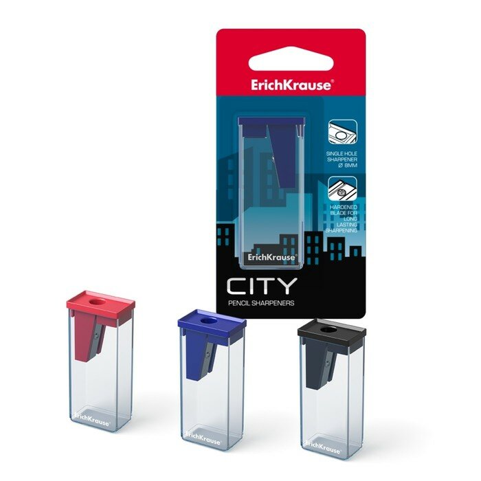 ErichKrause Точилка 1 отверстие Erich Krause CITY, с контейнером, отверстие диаметром 8 мм, микс, в блистере