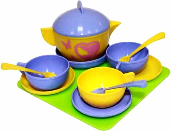 Набор посуды "Чайное трио" (3 чашки 3 блюдца 3 ложки чайник поддон для чайника поднос) в сетке