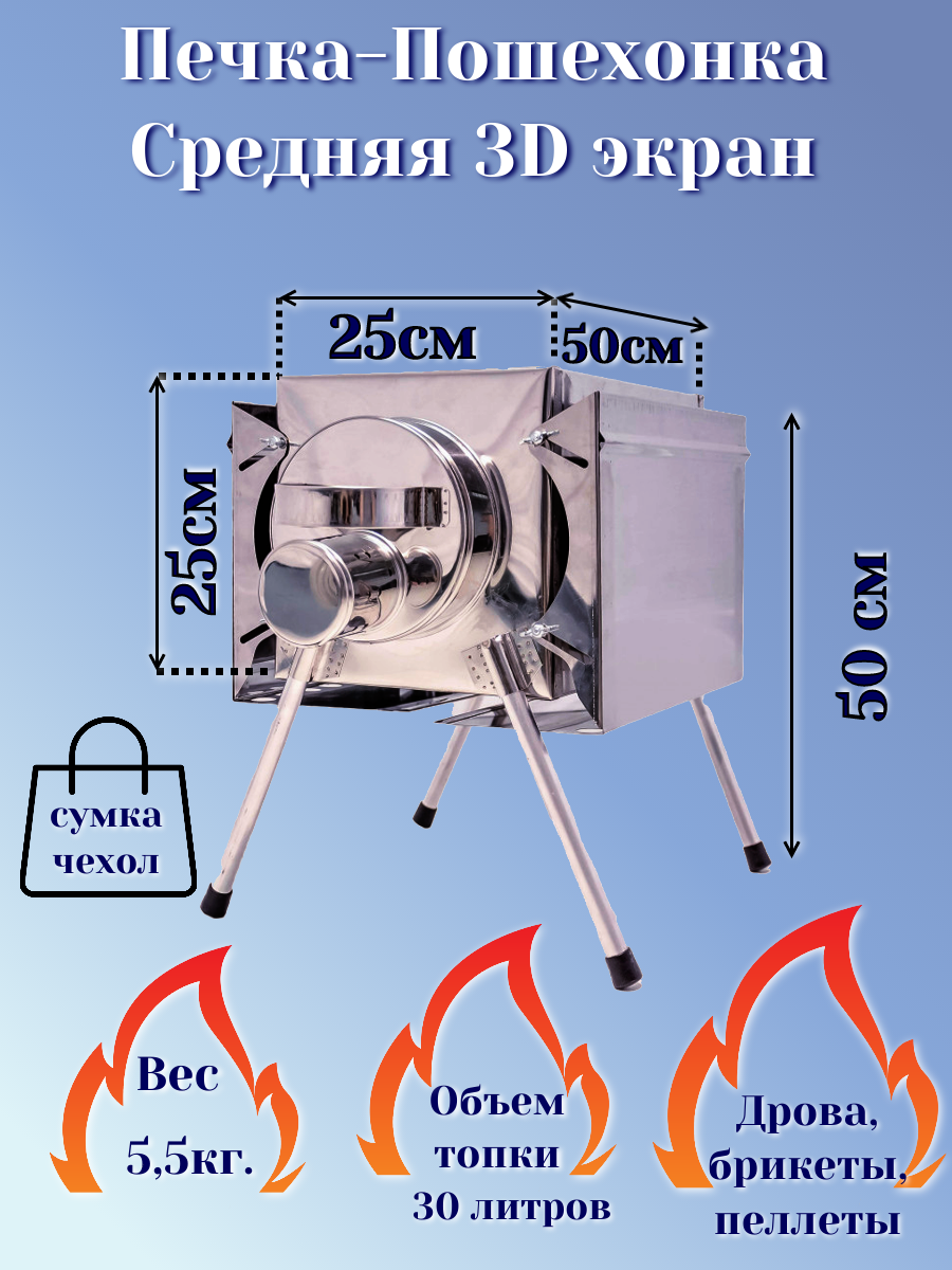 Печь туристическая для палатки, бани Средняя с 3D-экранами. - фотография № 1
