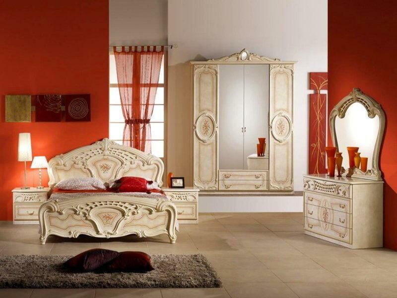 Спальный гарнитур Диа Роза цвет: беж глянец(кровать 160х200, шкаф 4дв, тумбочки 2шт, комод с зеркалом)