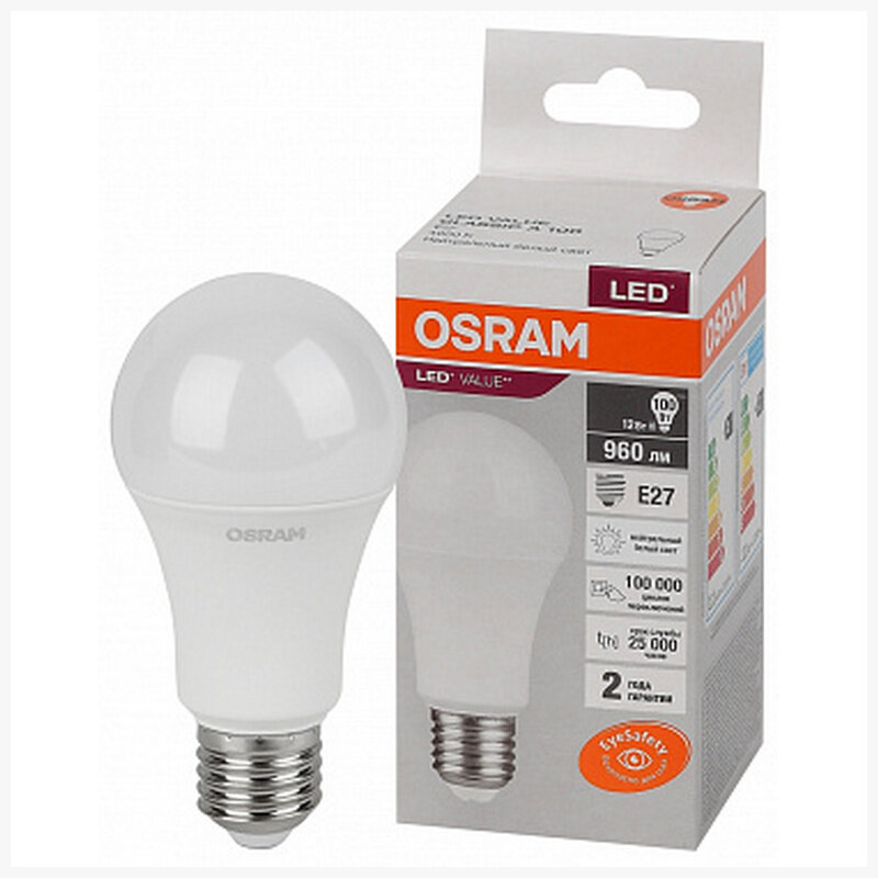 Лампа Osram LV CL A100 12SW 840 220 240V FR E27 960lm 180° 25000h LED, 4058075579002