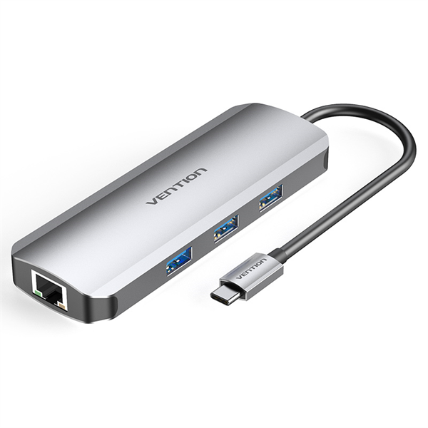 Vention Док-станция Vention Multi-function USB-C to HDMI/USB3.0x3/RJ45/SD/TF/PD Docking Station 0.15M Gray Aluminum Alloy Type