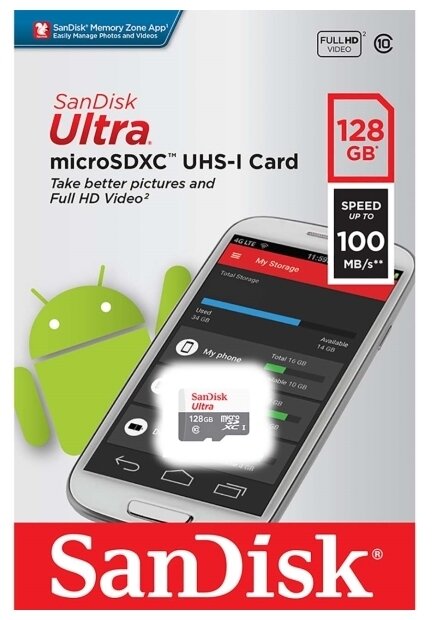 Карта памяти SanDisk Карта памяти 128ГБ SanDisk Ultra SDSQUNR-128G-GN6MN microSD XC UHS-I Class 10 (ret)