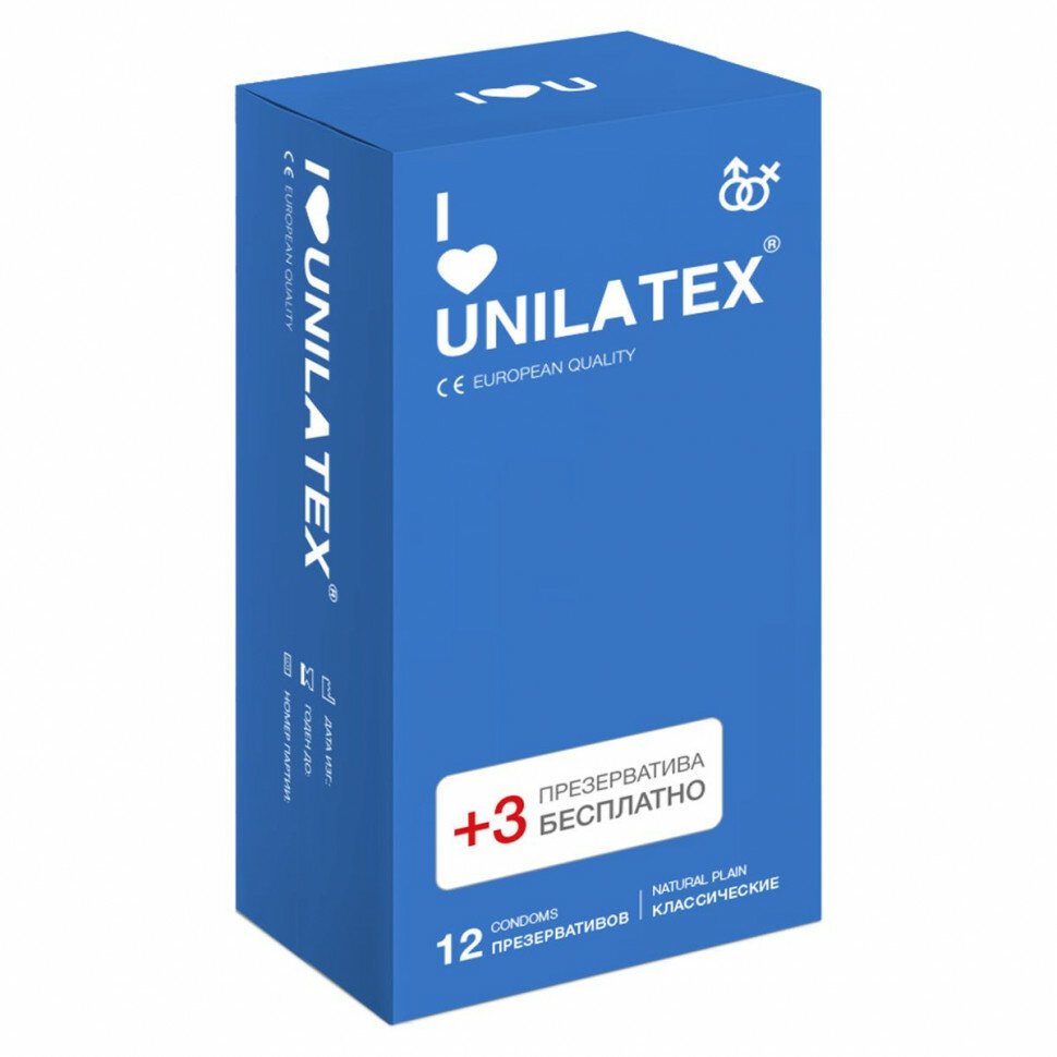 Классические презервативы Unilatex Natural Plain - 12 шт. + 3 шт. в подарок (73811)