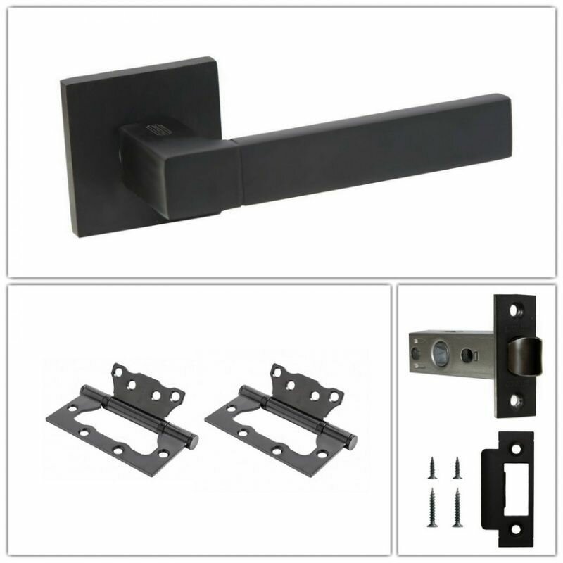 фото Комплект ручек для дверей Palidore А-527_BLACK_L6-45, черный (ручка + замок защелка + 2 петли без врезки)