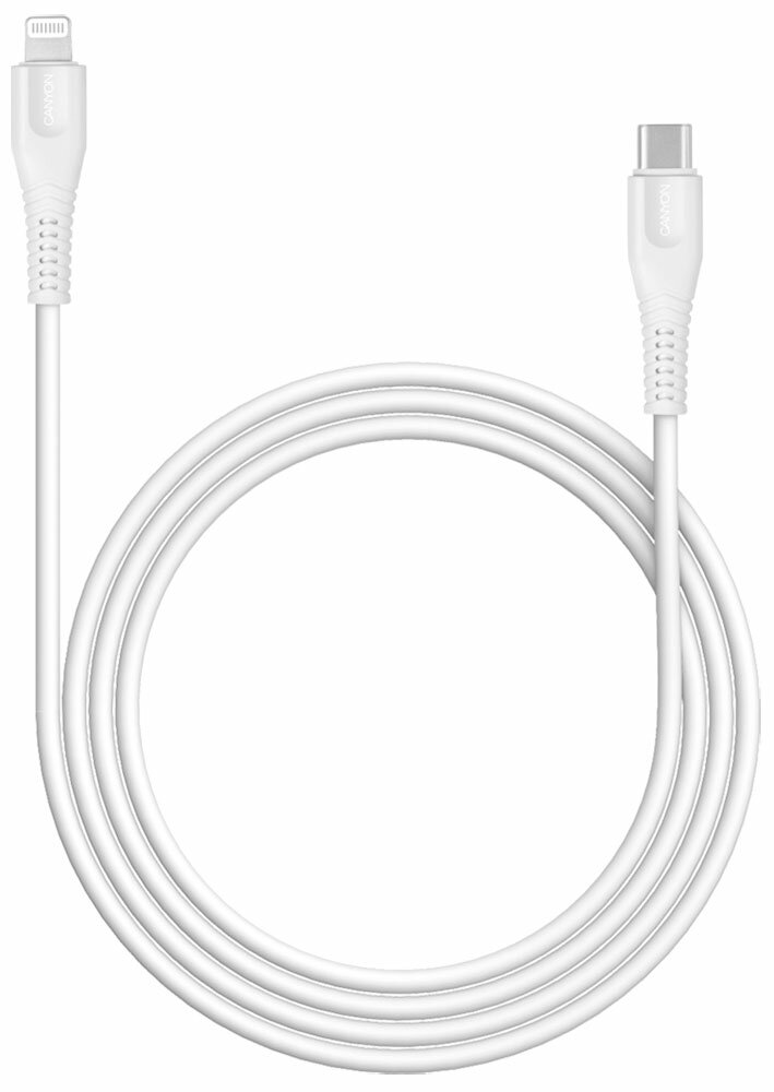 Кабель для зарядки и передачи данных Canyon USB Type-C - Lightning лицензия Apple MFI-4 1 м 3.5 мм 5V/24A PD 18 Вт белый (CNS-MFIC4W)