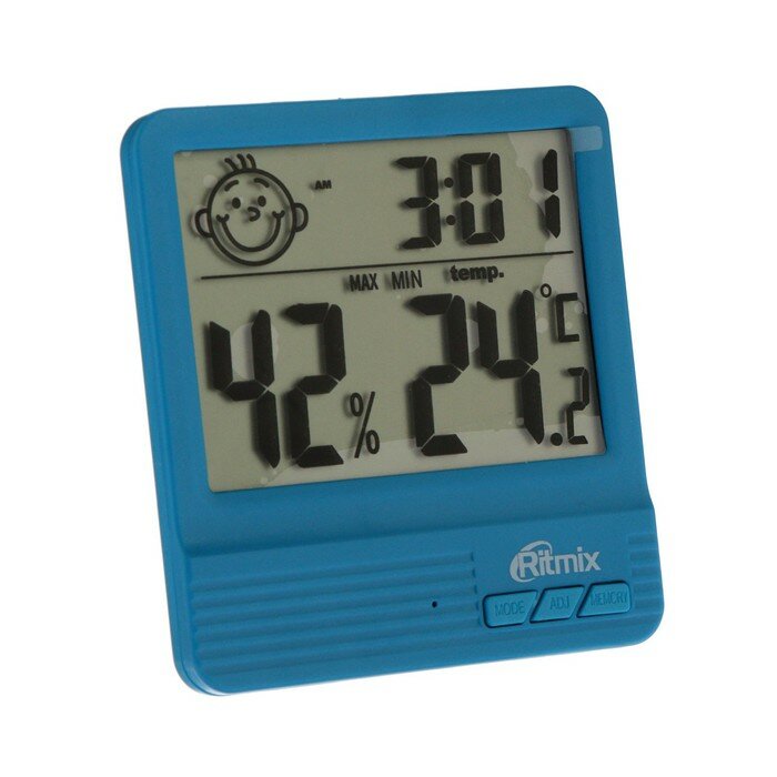Метеостанция RITMIX CAT-052, комнатная, термометр, гигрометр, будильник, 1хААА, синяя - фотография № 1