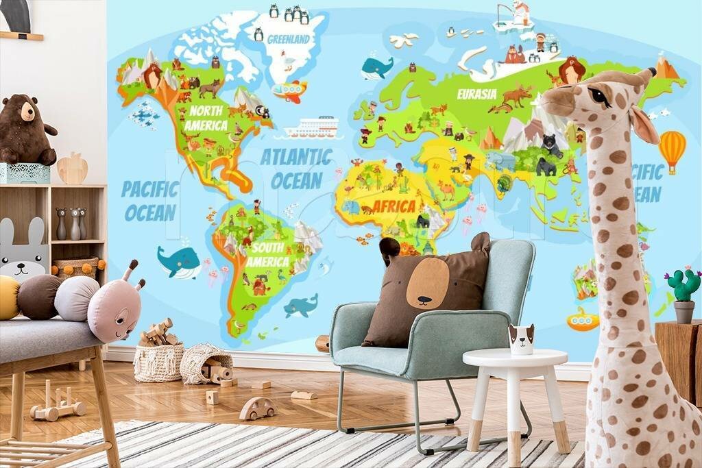 Фотообои детская карта с животными на голубом фоне — купить по низкой ...