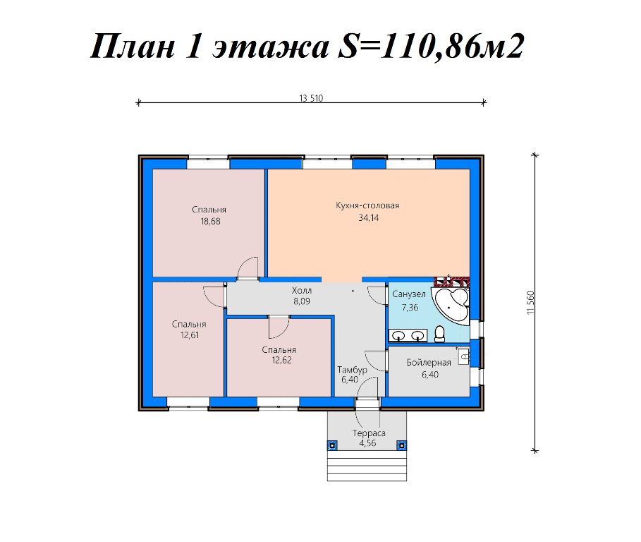 Проект жилого дома SD-proekt 11-0040 (110,86 м2, 13,51*10,0 м, керамзитобетонный блок 390 мм, облицовочный кирпич) - фотография № 4