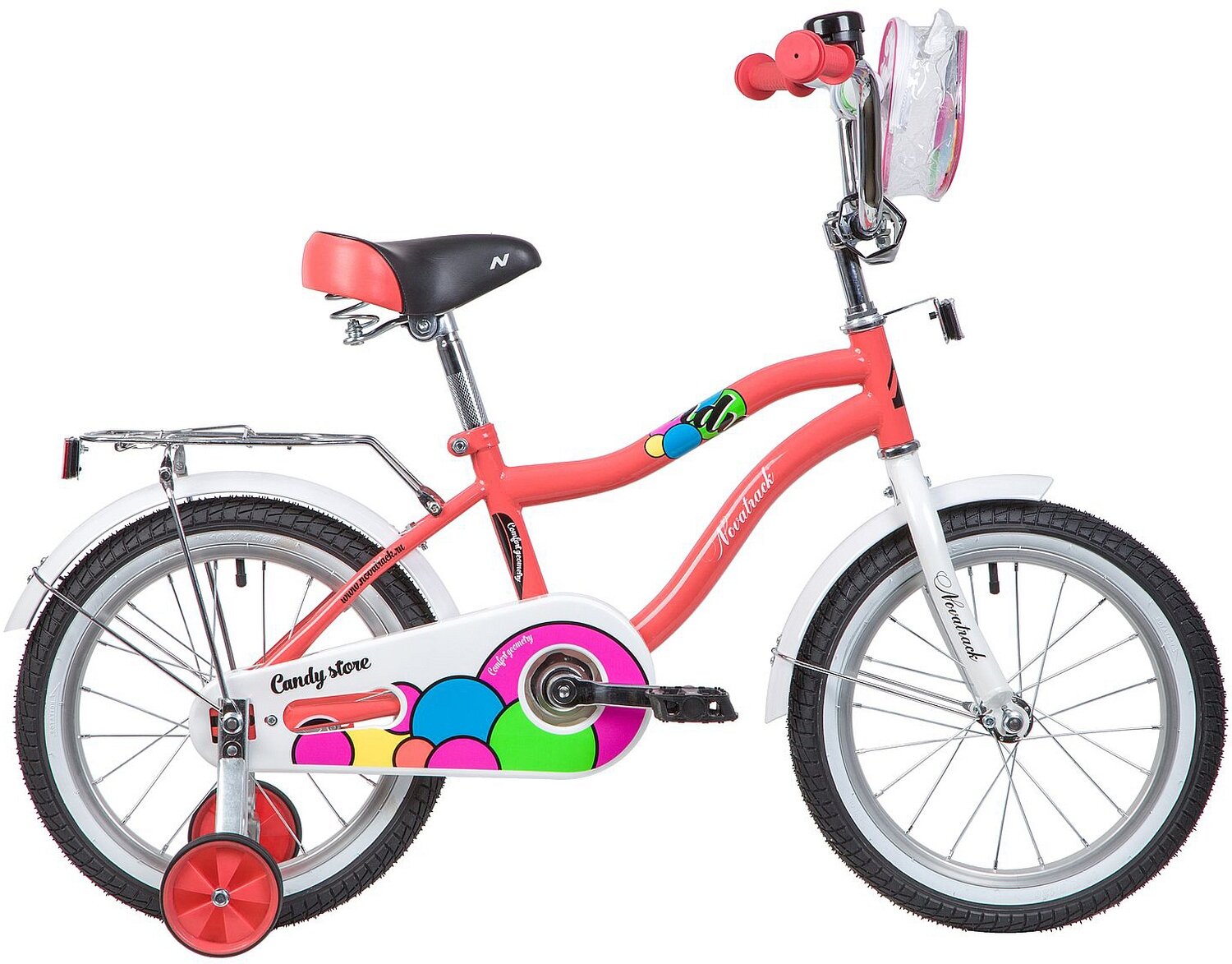 Велосипед NOVATRACK CANDY 16" (2019) (Велосипед NOVATRACK 16", CANDY, коралловый, полная защита цепи, тормоз нож., сумочка на руль, крылья)