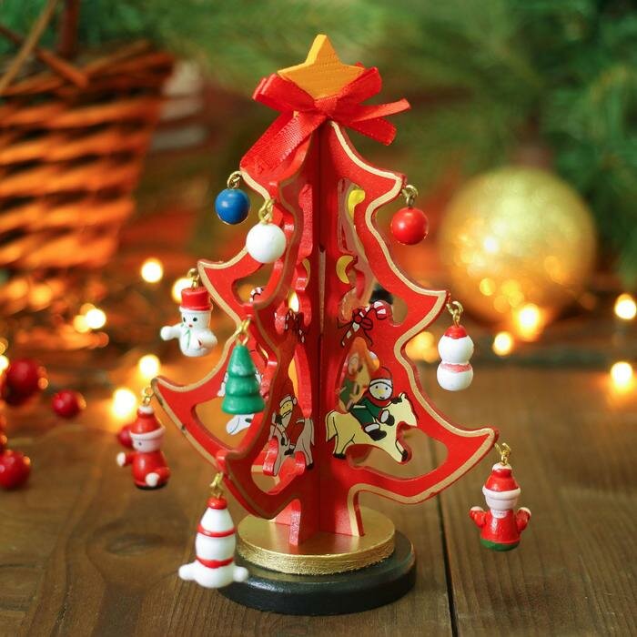 фото Сувенир новогодний "Елка на подставке", с золотым контуром, 17 см, микс, 154270