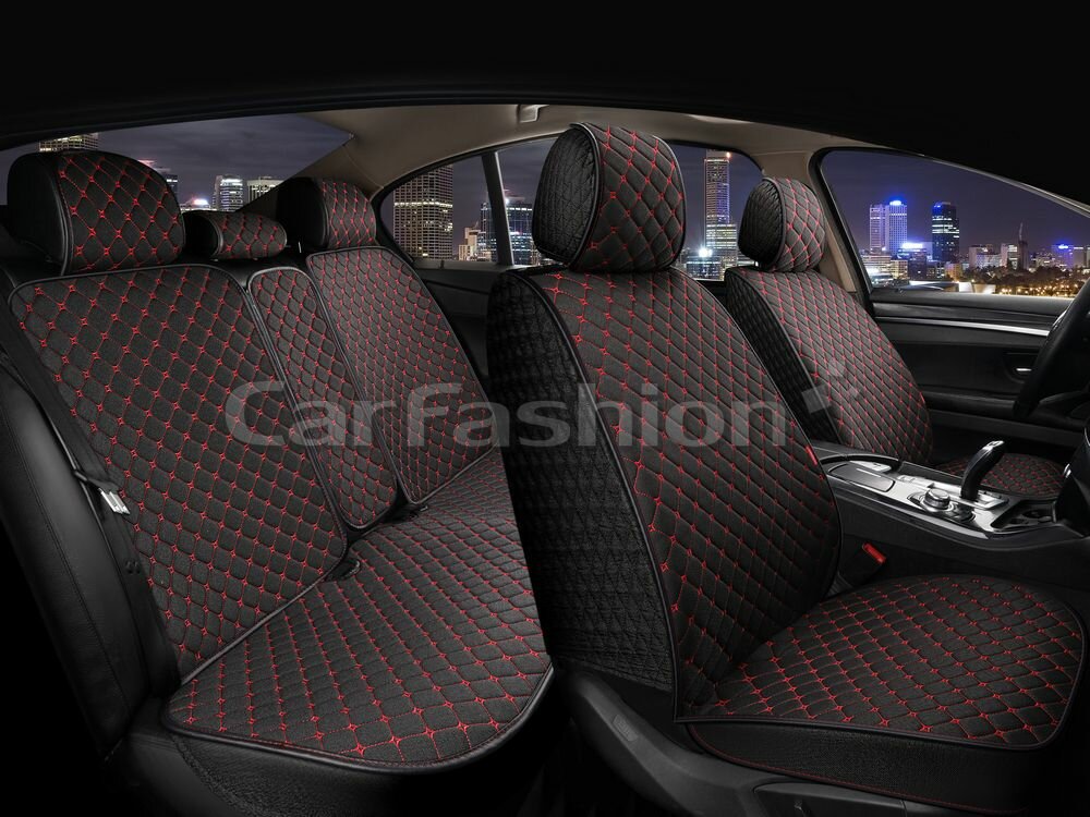 Комплект накидок на весь салон CarFashion LINEN CUBE+ материал TWEED цвет черный строчка красная