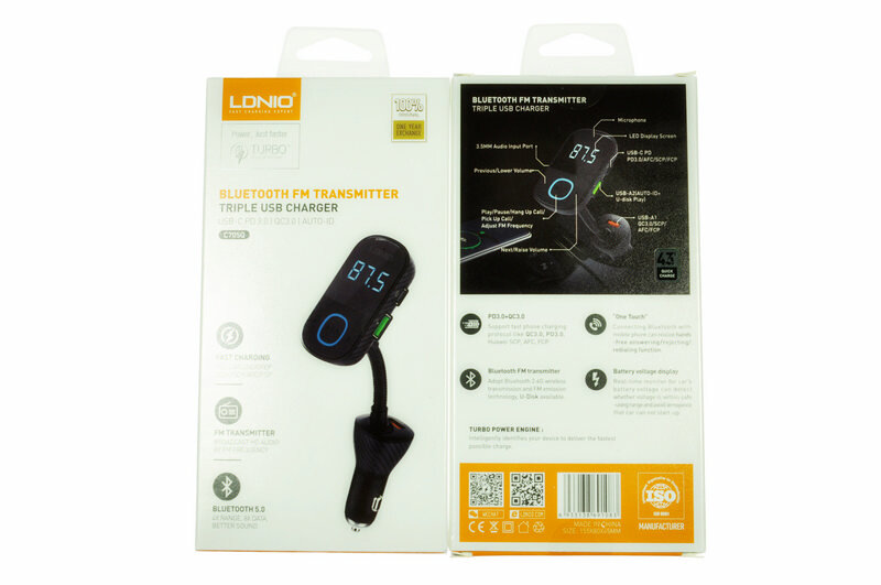 ФМ Трансмиттер с Bluetooth 5.0 и громкой связью LDNIO C705Q+Aux+PD Quick Charge 2USB+кабель Micro