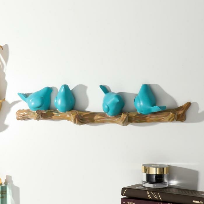 Крючки декоративные полистоун "Четыре птички на ветке" голубые 10,5х6х45 см