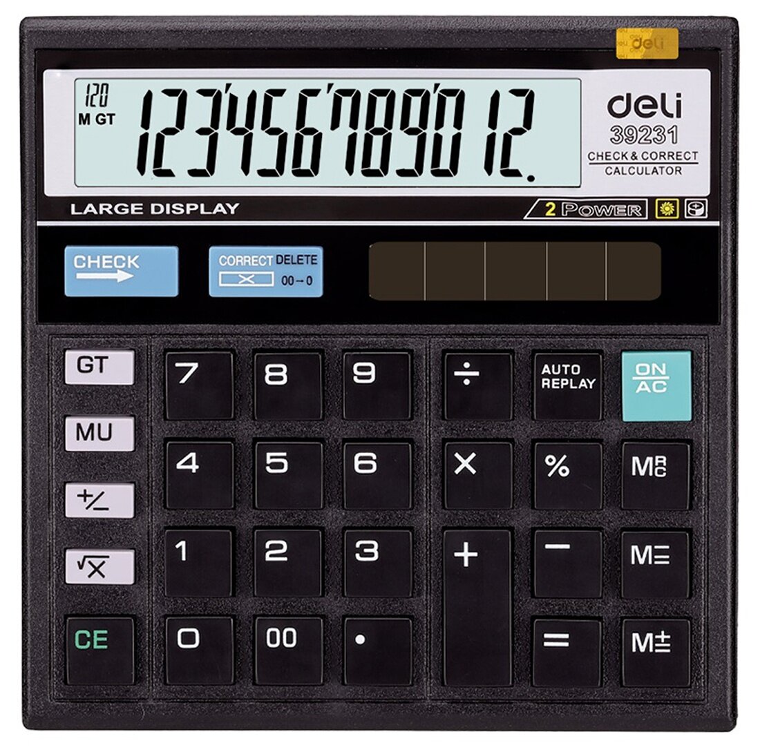 Калькулятор настольный Deli компактный, 12 разрядов, двойное питание, 129x129 мм, черый (E39231)
