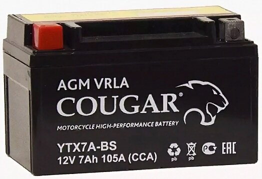 Аккумулятор для мотоцикла и скутера Cougar AGM VRLA 12V 7 А/ч 105 А прям пол залит/заряжен YTX7A-BS (150х87х105)