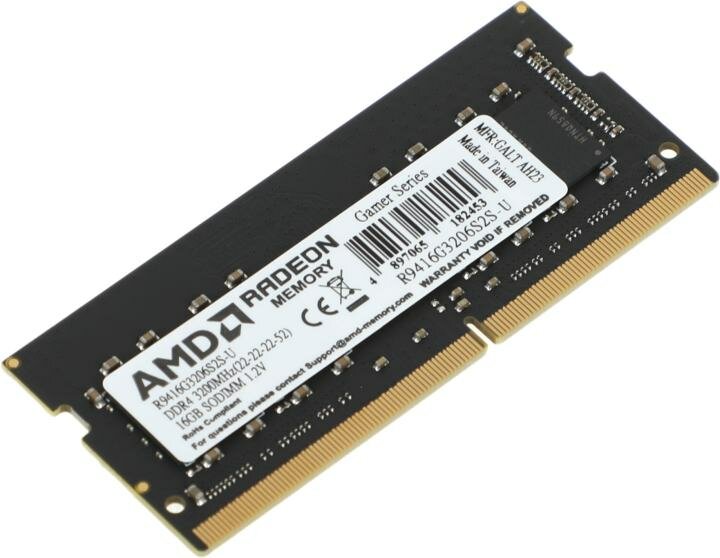 Оперативная память для ноутбука 16Gb (1x16Gb) PC4-25600 3200MHz DDR4 SO-DIMM CL22 AMD R9