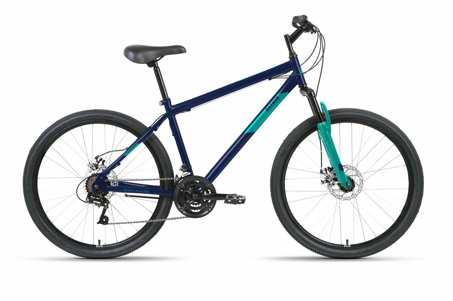 Велосипед ALTAIR MTB HT 2.0 D 26" (2022) (Велосипед ALTAIR MTB HT 26 2.0 D (26" 21 ск. рост. 19") 2022, темно-синий/бирюзовый, RBK22AL26114)
