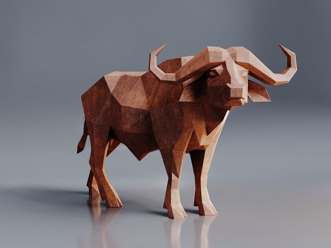 Полигональная фигура Африканский буйвол, геометрический полигональный металлический декор интерьера - фотография № 2
