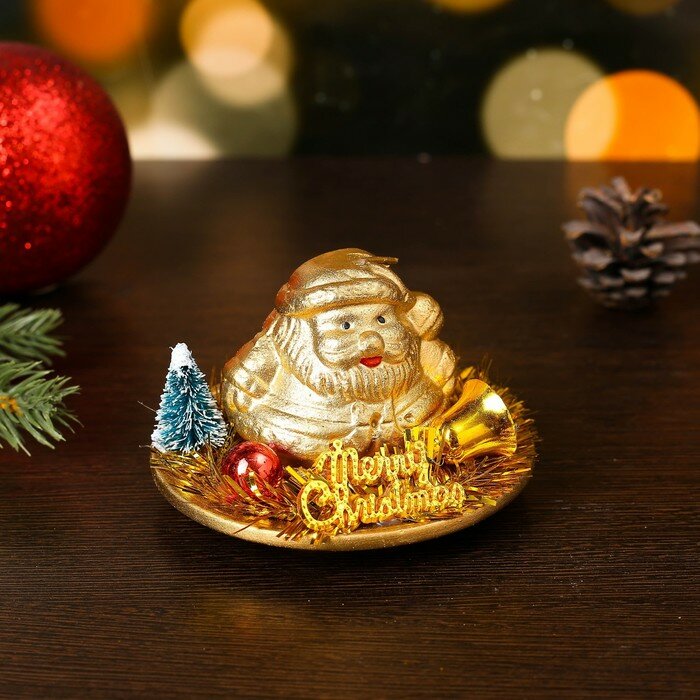 Свеча с подсвечником новогодняя "Дед мороз с елкой" золотой./В упаковке шт: 1