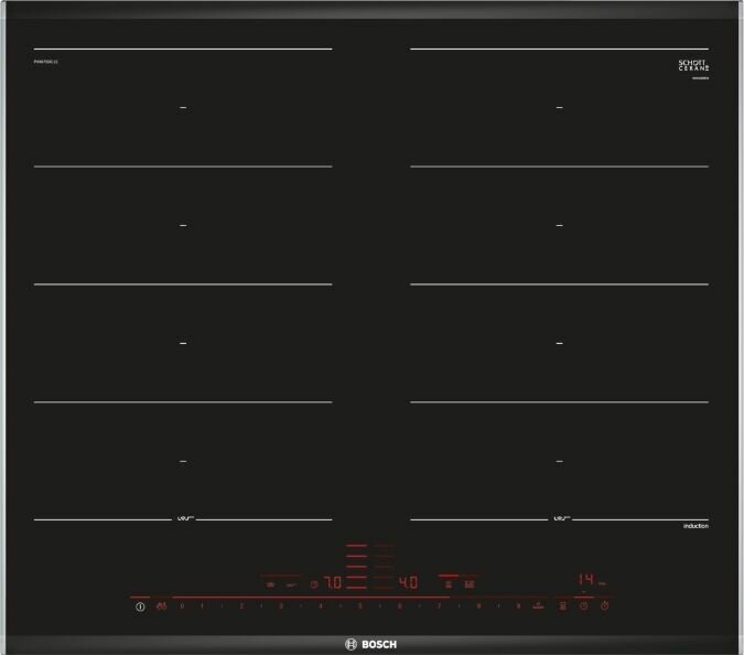 BOSCH Встраиваемая индукционная панель BOSCH Индукционная, Home Connect Serie 8, cтеклокерамика, черная, ширина 60см, 4 индукционных зоны нагрева, FlexInduction, сенсорное управление DirectSelect, функции HomeConnect, таймер, индикация остаточного тепла, 