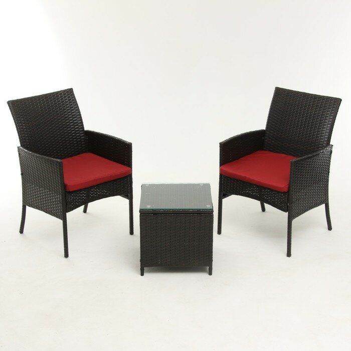 Набор садовой мебели: Стол и 2 кресла коричневого цвета с красной подушкой - фотография № 1