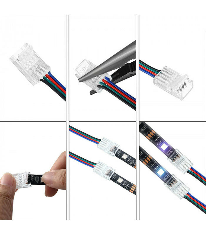 Беспаечный соединитель для подключения ленты 4 пин (RGB) 10 мм, лента-провод. Комплект 5 штук - фотография № 5