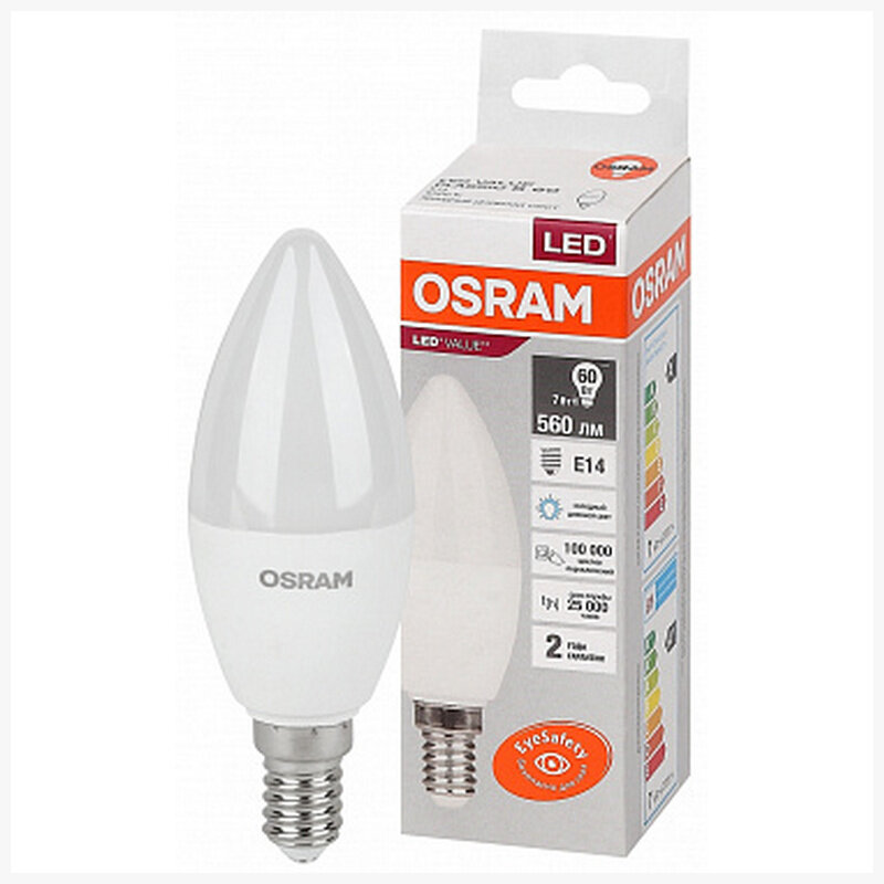 Osram/Ledvance Лампа Osram LV CL B60 7SW 865 220 240V FR E14 560lm 200* 25000h свеча LED, 4058075579033