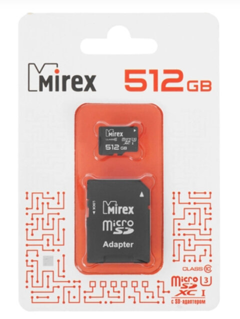 Карта памяти 512Gb - Mirex Micro Secure Digital XC UHS-I U3 13613-AD3UH512 с переходником под SD