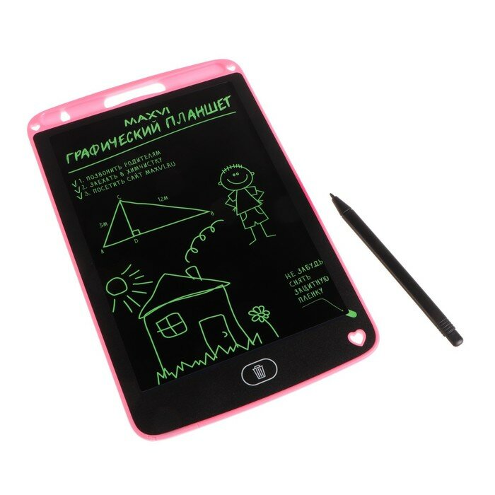 Графический планшет для рисования и заметок LCD Maxvi MGT-01 8.5”угол 160°CR2016 розовый