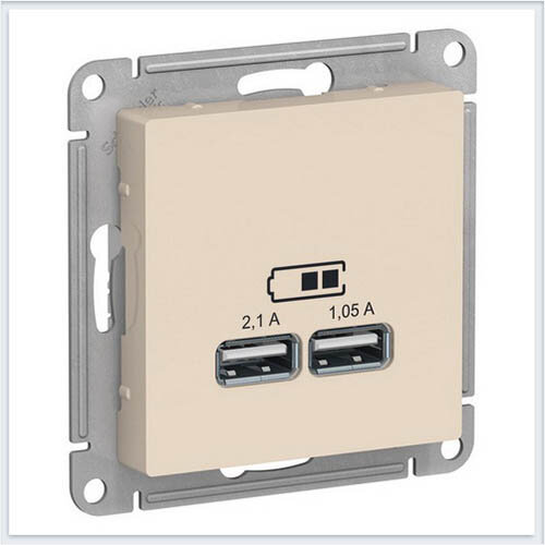 Schneider Electric AtlasDesign USB Розетка, 5В, 1 порт x 2,1 А, 2 порта х 1,05 А, Бежевый Арт. ATN000233