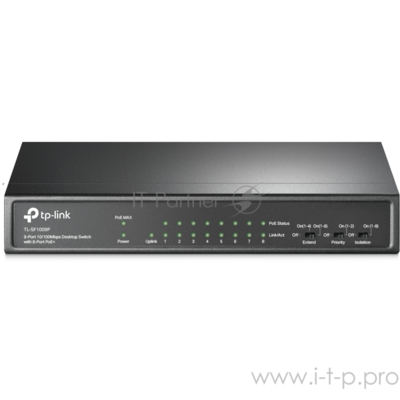 Коммутатор 9-port 10/100Mbps unmanaged switch with 8 PoE+ ports, compliant with 802.3af/at PoE, 65W