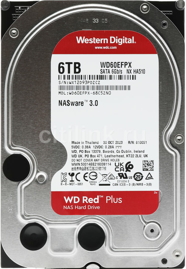 Жесткий диск WD Red Plus WD60EFPX, 6ТБ, HDD, SATA III, 3.5"