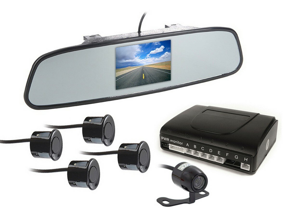 Парктроник MasterPark 604-4-PZ с камерой, четырьмя датчиками и монитором 4.3 дюйма в зеркале. Зеркало с парктроником