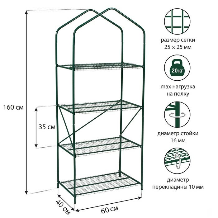 Парник-стеллаж, 4 полки, 160 × 65 × 40 см, металлический каркас d = 16 мм, чехол из спанбонда 60 г/м² - фотография № 2
