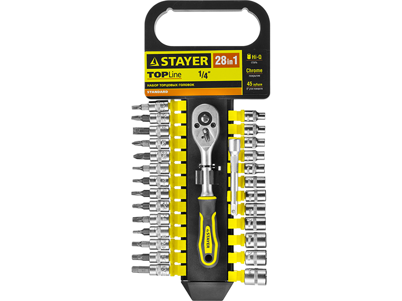 STAYER Набор STAYER "STANDARD": Торцовые головки, биты-головки (1/4") на пластик рельсе, трещотка, удл-тель