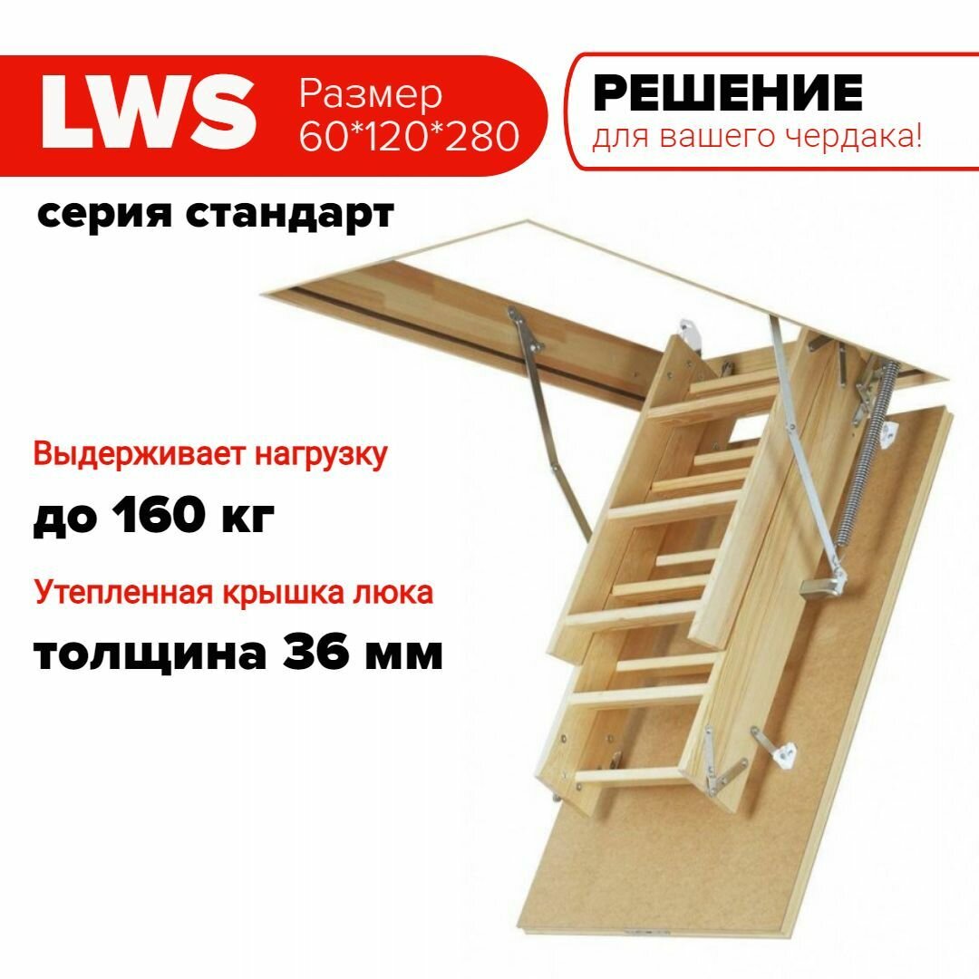 Чердачная лестница с люком LWS 60*120*280 см утепленная FAKRO кровельная для крыши люк с деревянной складной лестницей для дома на чердак.