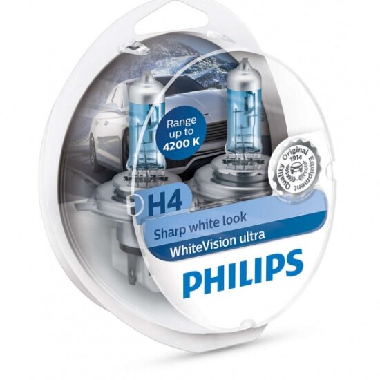 Лампа галогенная PHILIPS H4 White Vision Ultra 4200K 12V 55/60W, 2шт, 12342WVUSM