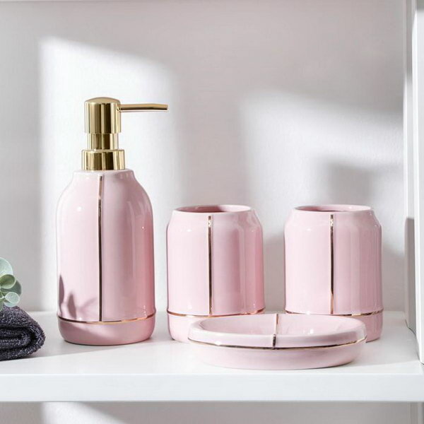 Набор аксессуаров для ванной комнаты «Лайн» 4 предмета (дозатор 400 мл мыльница 2 стакана) цвет розовый