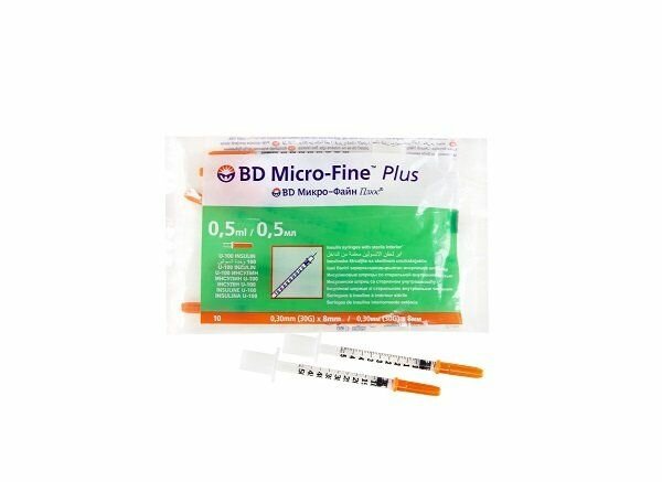 Шприц инсулиновый BD Micro-Fine Plus U-100 трехкомпонентный 30G (0.3 мм х 8 мм) 0.5 мл
