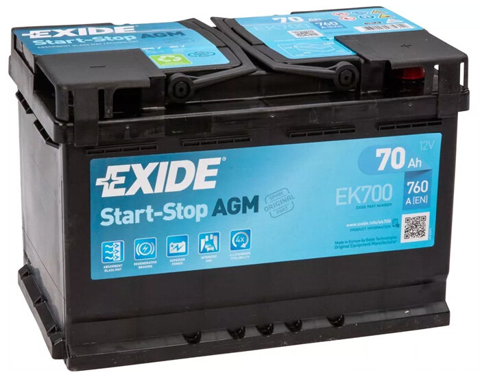 Аккумулятор автомобильный Exide Micro-Hybrid AGM EK 700 6СТ-70 обр. 278x175x190